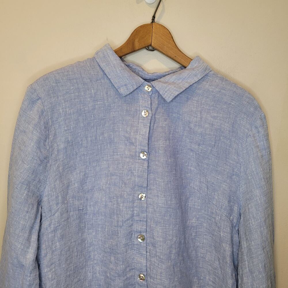 Lintico Linen Blue White Hem Long Sleeve Button Up Shirt Size XL Coastal - Picture 2 of 13